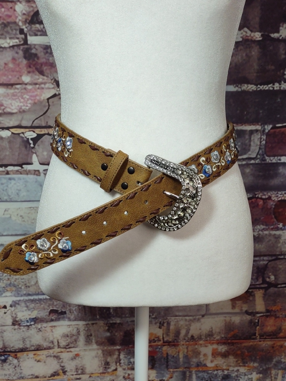 Angel Ranch Embroidered Suede Belt with Rhinestone Accent
